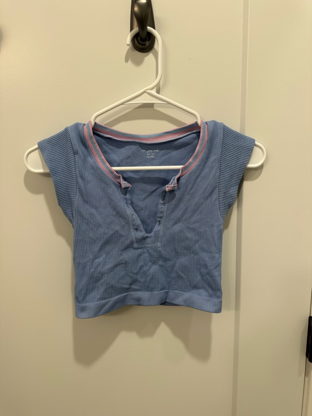 Urban Outfitters Light Blue Ribbed Crop Top with Pink Trim
